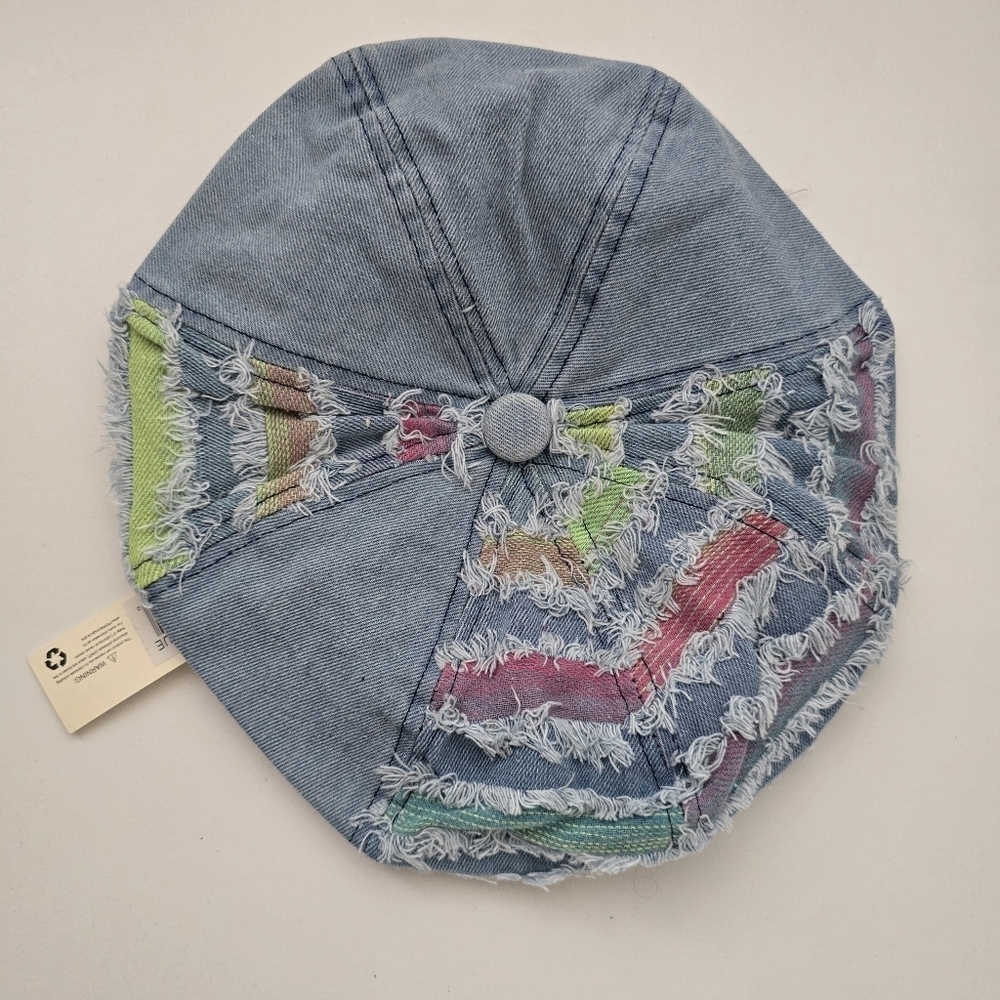 NWT Light Denim Patchwork Multi Fringe Beret Boho… - image 2